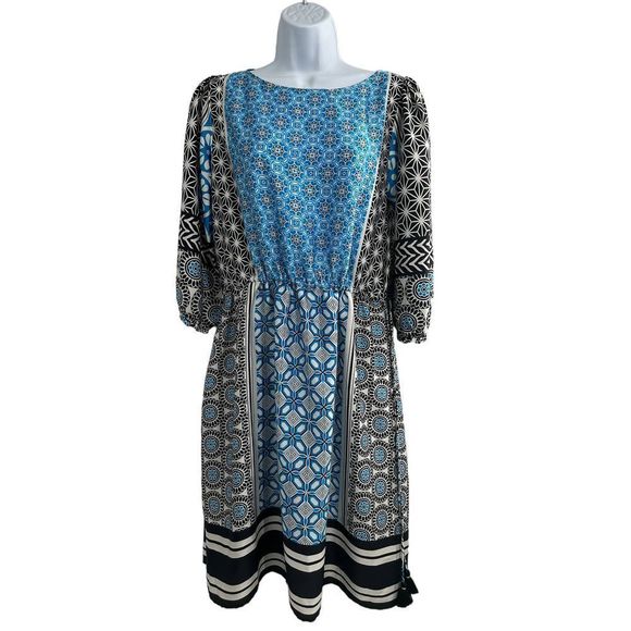 LOFT Blue/Black Ocean Mosaic Print Midi Tassell Dress Small‎ - Picture 1 of 10